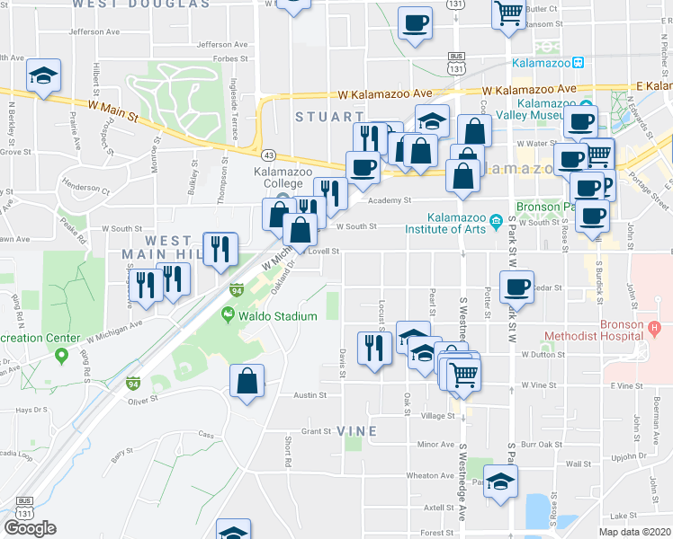 map of restaurants, bars, coffee shops, grocery stores, and more near in Kalamazoo