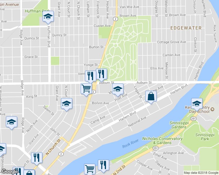map of restaurants, bars, coffee shops, grocery stores, and more near 1504 Myott Avenue in Rockford