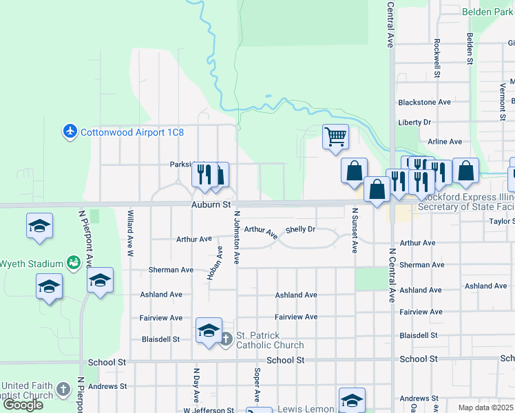 map of restaurants, bars, coffee shops, grocery stores, and more near 4120 Auburn Street Frontage Road in Rockford