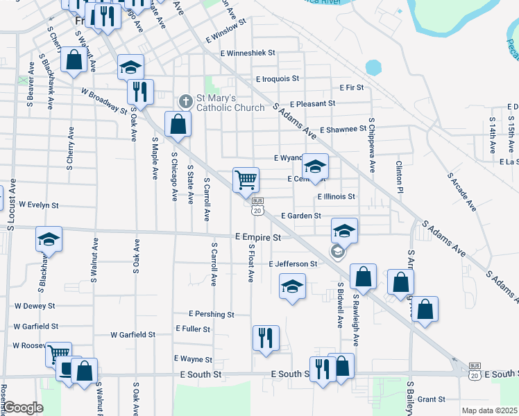 map of restaurants, bars, coffee shops, grocery stores, and more near 1204-1206 North Galena Avenue in Freeport