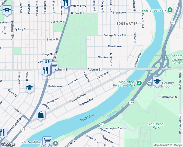 map of restaurants, bars, coffee shops, grocery stores, and more near 1719 Post Avenue in Rockford