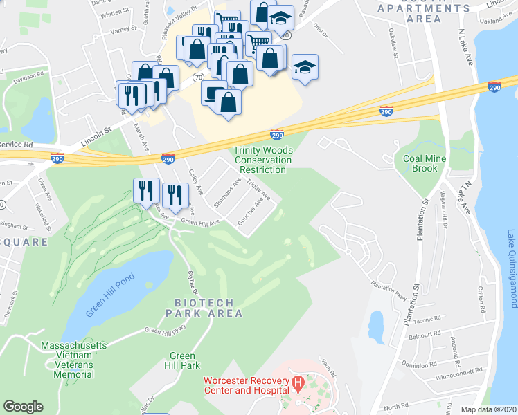 map of restaurants, bars, coffee shops, grocery stores, and more near 14 Goucher Avenue in Worcester
