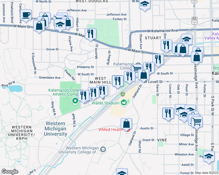 map of restaurants, bars, coffee shops, grocery stores, and more near 438 Stanwood Street in Kalamazoo