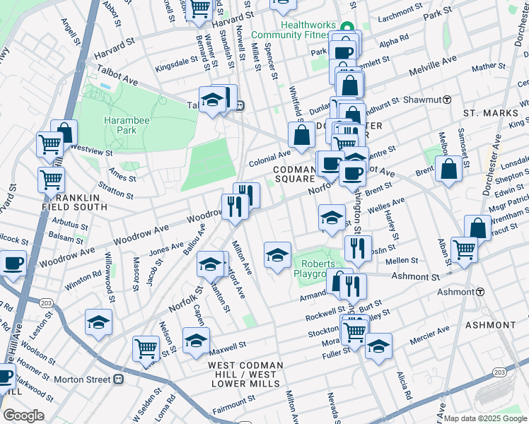 map of restaurants, bars, coffee shops, grocery stores, and more near 3 Whitman Street in Boston