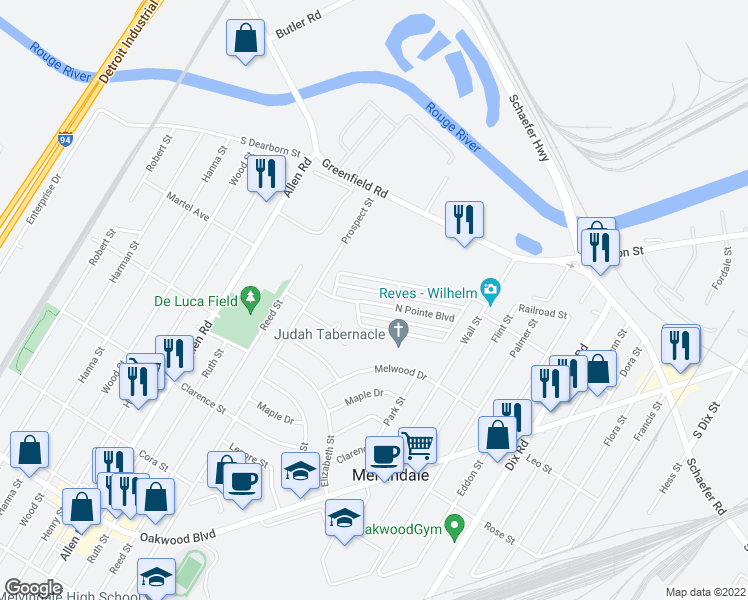 map of restaurants, bars, coffee shops, grocery stores, and more near 3394 North Pointe Boulevard in Melvindale
