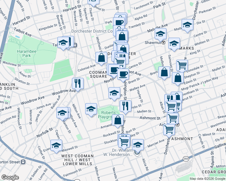 map of restaurants, bars, coffee shops, grocery stores, and more near 43 Withington Street in Boston