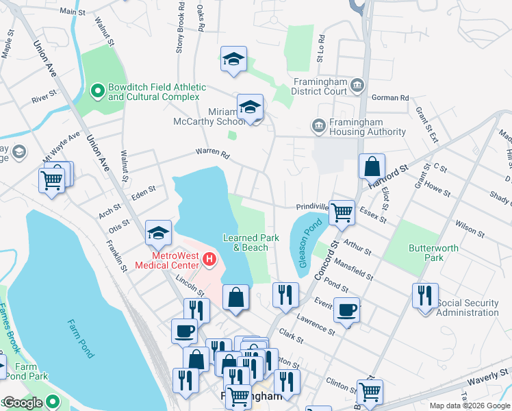 map of restaurants, bars, coffee shops, grocery stores, and more near 30 Shawmut Terrace in Framingham