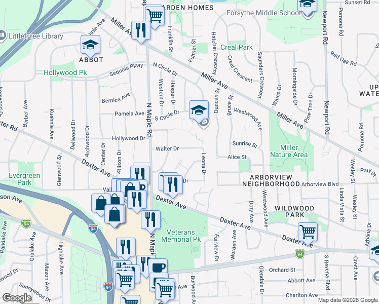 map of restaurants, bars, coffee shops, grocery stores, and more near 2303 Walter Drive in Ann Arbor