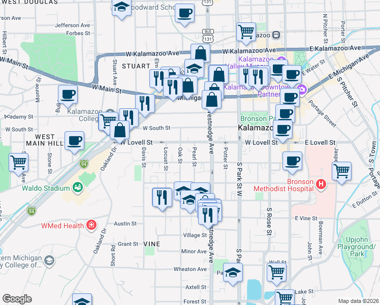 map of restaurants, bars, coffee shops, grocery stores, and more near 424 Pearl Street in Kalamazoo
