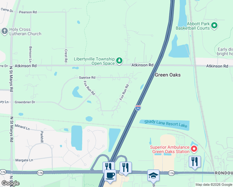 map of restaurants, bars, coffee shops, grocery stores, and more near 400 Fox Run Road in Libertyville