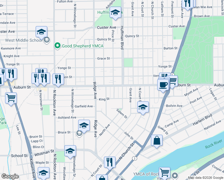 map of restaurants, bars, coffee shops, grocery stores, and more near 1319 Evelyn Street in Rockford