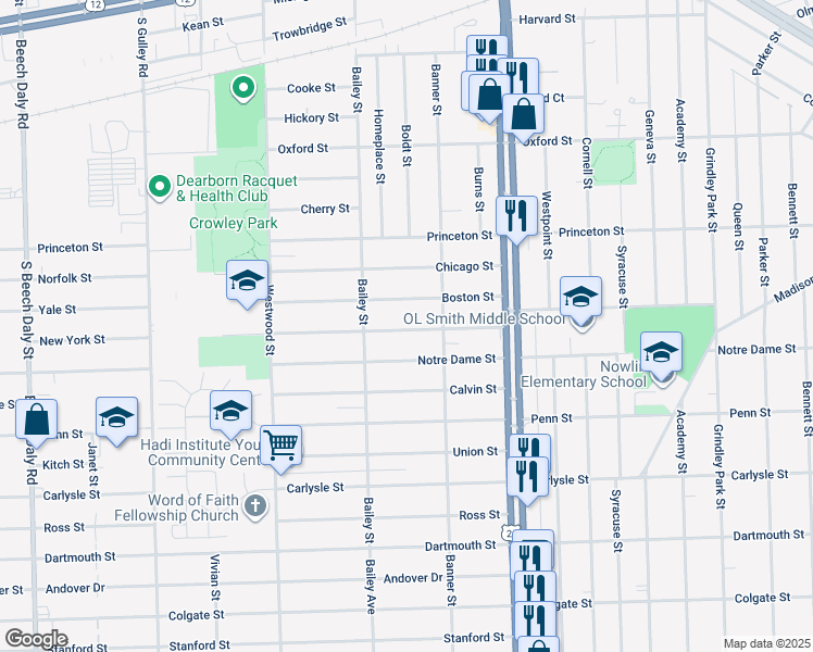 map of restaurants, bars, coffee shops, grocery stores, and more near 24432 New York Street in Dearborn