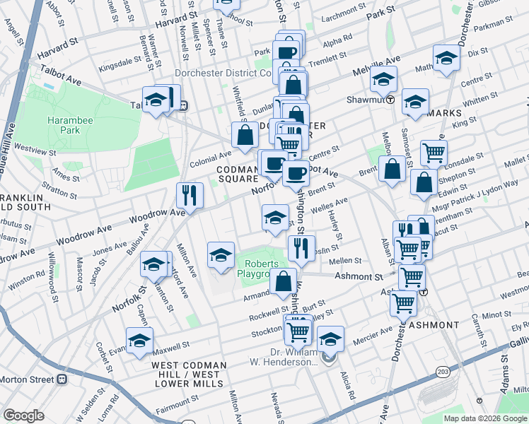 map of restaurants, bars, coffee shops, grocery stores, and more near 26 Oakwood Street in Boston