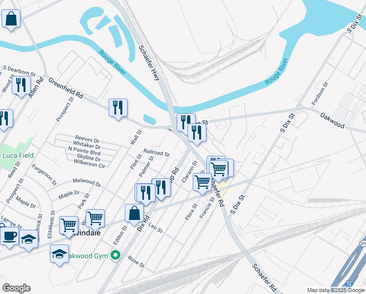 map of restaurants, bars, coffee shops, grocery stores, and more near 2745 Schaefer Road in Melvindale