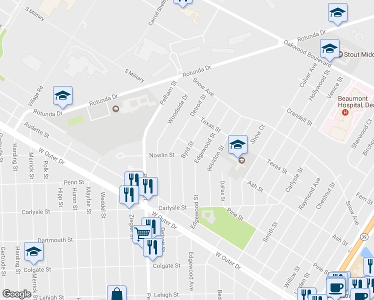 map of restaurants, bars, coffee shops, grocery stores, and more near 3298 Byrd Street in Dearborn