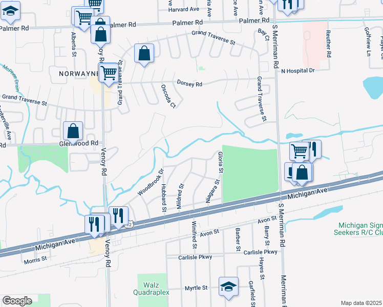 map of restaurants, bars, coffee shops, grocery stores, and more near 32210 Woodbrook Drive in Wayne