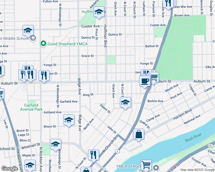 map of restaurants, bars, coffee shops, grocery stores, and more near 1425 North Avenue in Rockford