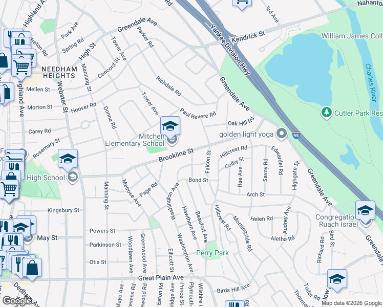 map of restaurants, bars, coffee shops, grocery stores, and more near 5 Bancroft Street in Needham