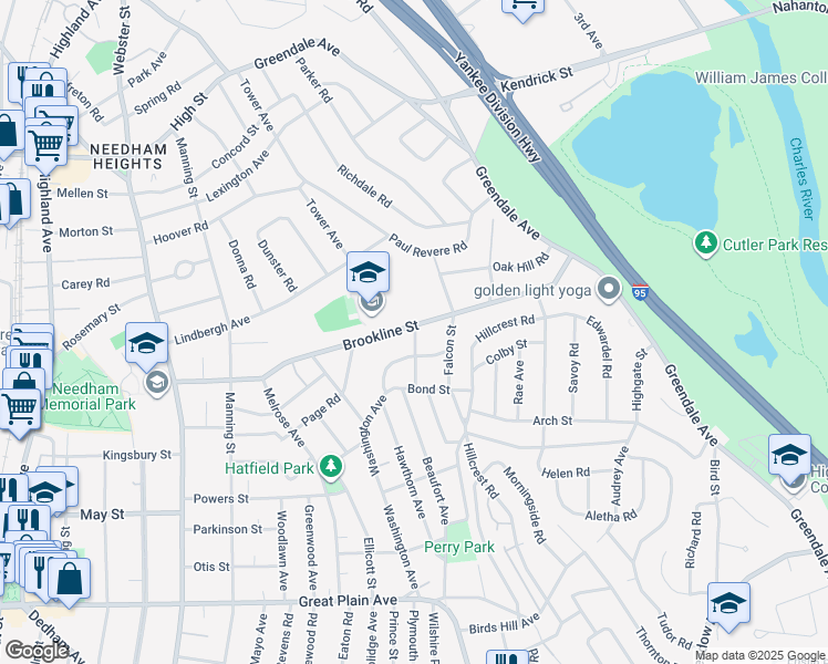 map of restaurants, bars, coffee shops, grocery stores, and more near 5 Bancroft Street in Needham