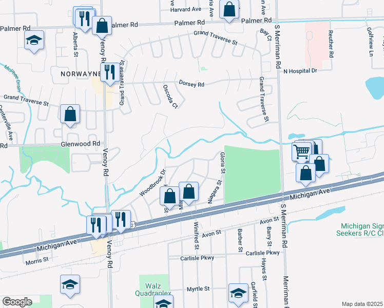 map of restaurants, bars, coffee shops, grocery stores, and more near 32210 Woodbrook Dr in Wayne