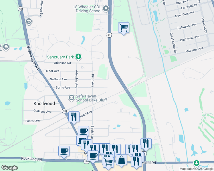 map of restaurants, bars, coffee shops, grocery stores, and more near 12512 Burris Avenue in Lake Bluff