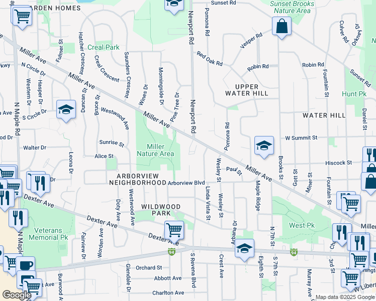 map of restaurants, bars, coffee shops, grocery stores, and more near 717 Newport Place in Ann Arbor