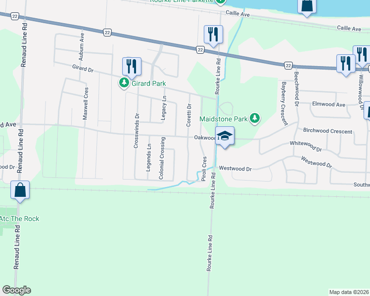 map of restaurants, bars, coffee shops, grocery stores, and more near 343 Piroli Crescent in Belle River