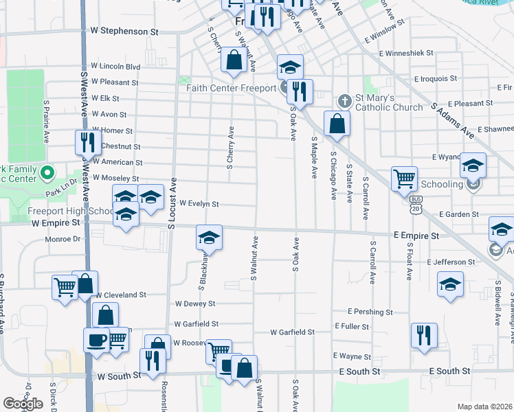 map of restaurants, bars, coffee shops, grocery stores, and more near 1231 South Walnut Avenue in Freeport