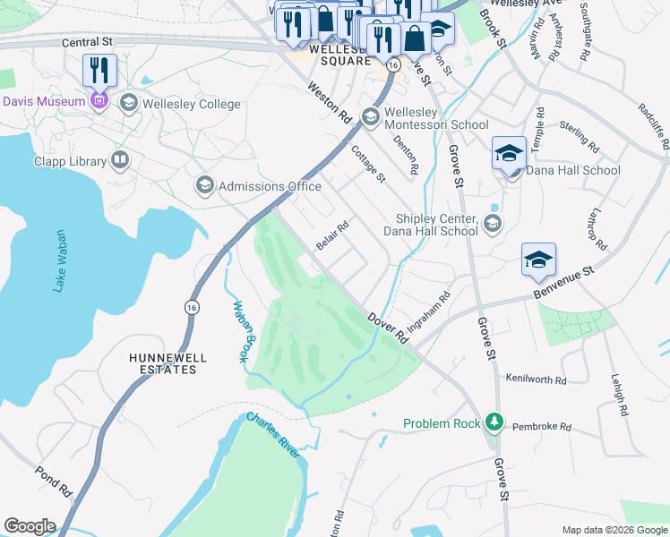 map of restaurants, bars, coffee shops, grocery stores, and more near 3 Midland Road in Wellesley