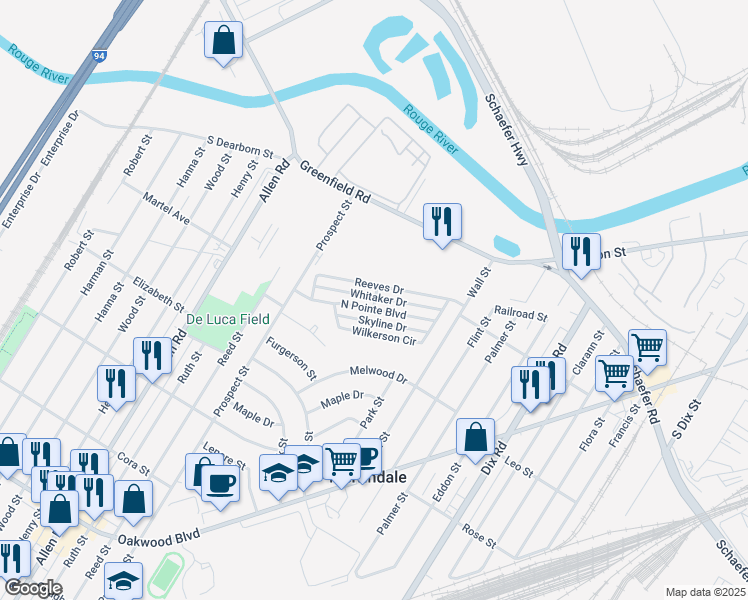 map of restaurants, bars, coffee shops, grocery stores, and more near 3221 North Pointe Boulevard in Melvindale