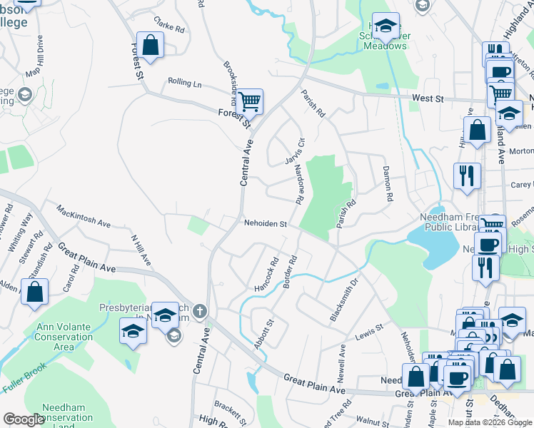 map of restaurants, bars, coffee shops, grocery stores, and more near 52 Nehoiden Street in Needham