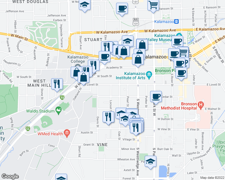 map of restaurants, bars, coffee shops, grocery stores, and more near 417 Locust Street in Kalamazoo