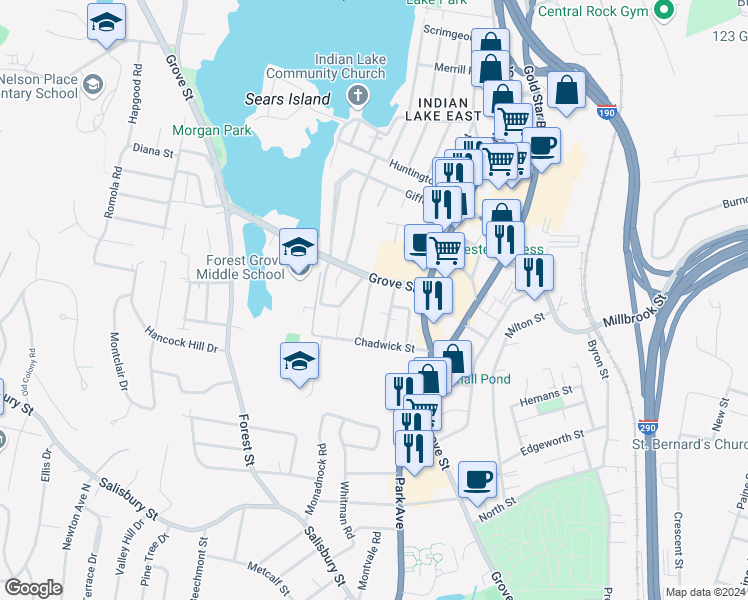 map of restaurants, bars, coffee shops, grocery stores, and more near 4 Rosemont Rd in Worcester
