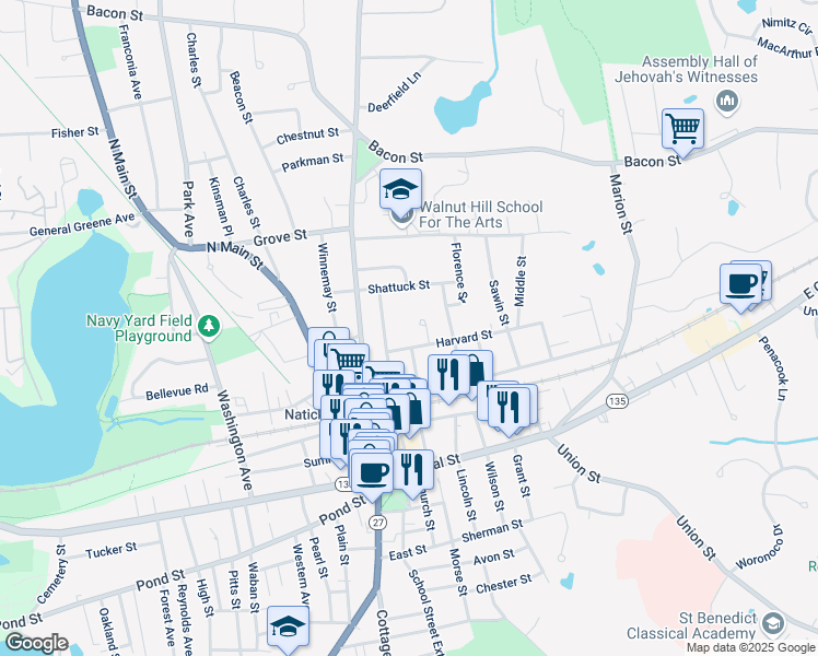 map of restaurants, bars, coffee shops, grocery stores, and more near 14 David Drive in Natick
