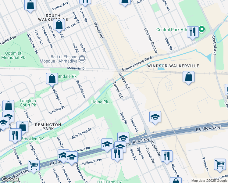 map of restaurants, bars, coffee shops, grocery stores, and more near 2846 Byng Road in Windsor