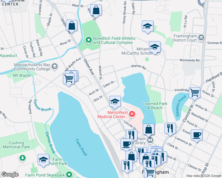 map of restaurants, bars, coffee shops, grocery stores, and more near 24 Nelson Street in Framingham
