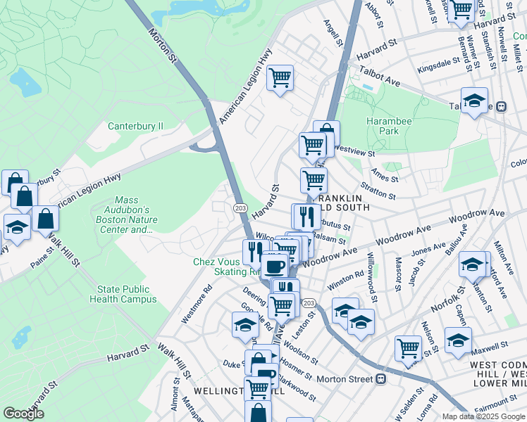 map of restaurants, bars, coffee shops, grocery stores, and more near Harvard Street in Boston