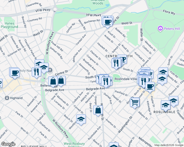 map of restaurants, bars, coffee shops, grocery stores, and more near 1 Bradford Circle in Boston