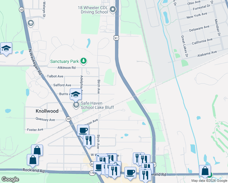 map of restaurants, bars, coffee shops, grocery stores, and more near 12512 Burris Avenue in Lake Bluff