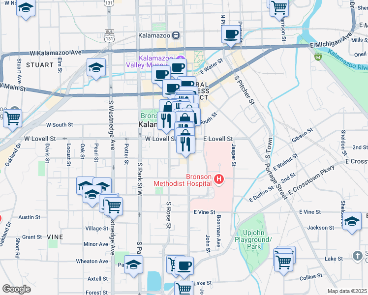 map of restaurants, bars, coffee shops, grocery stores, and more near 131 West South Street in Kalamazoo