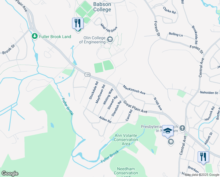 map of restaurants, bars, coffee shops, grocery stores, and more near 20 Whiting Way in Needham