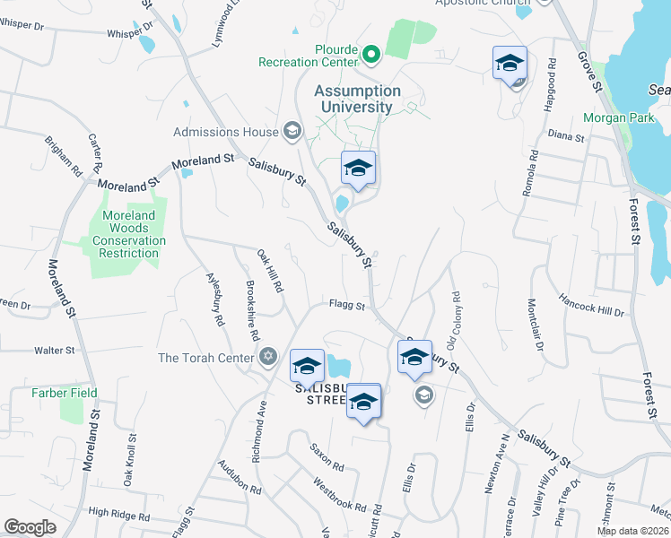 map of restaurants, bars, coffee shops, grocery stores, and more near 11 Dennison Road in Worcester
