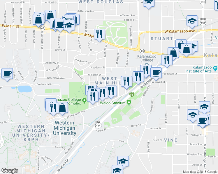 map of restaurants, bars, coffee shops, grocery stores, and more near 421 Monroe Street in Kalamazoo