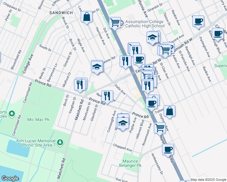map of restaurants, bars, coffee shops, grocery stores, and more near 1422 Granville Crescent in Windsor