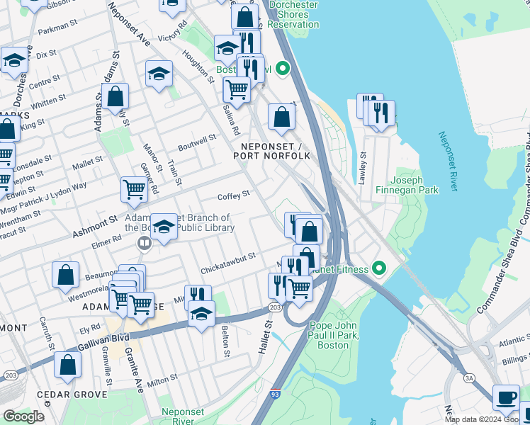 map of restaurants, bars, coffee shops, grocery stores, and more near 6 Blackwell Street in Boston