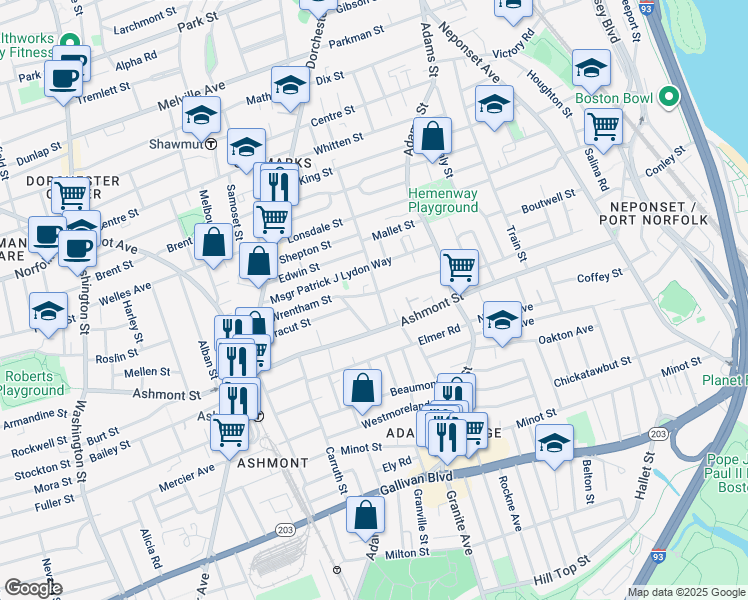 map of restaurants, bars, coffee shops, grocery stores, and more near 13 Bruce Street in Boston
