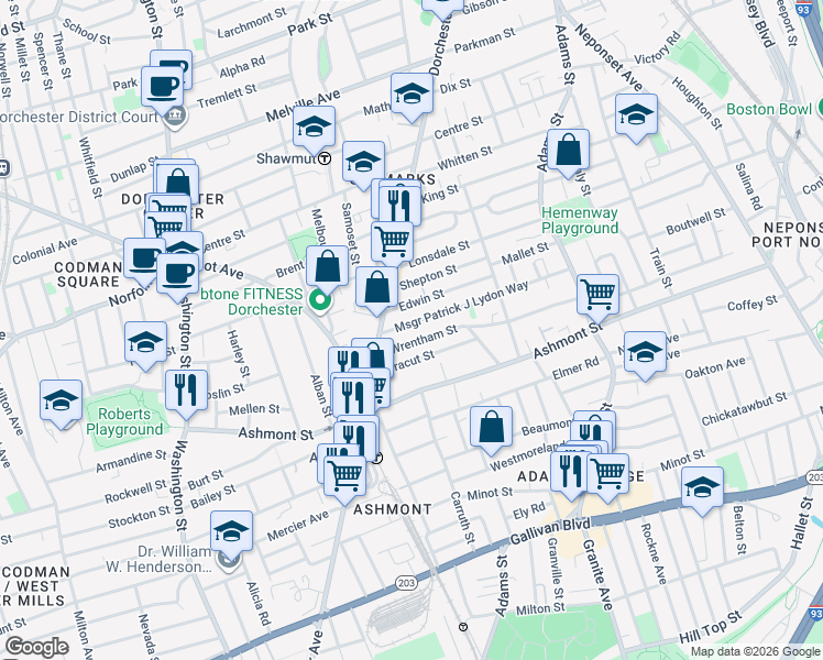map of restaurants, bars, coffee shops, grocery stores, and more near 30 Wrentham Street in Boston