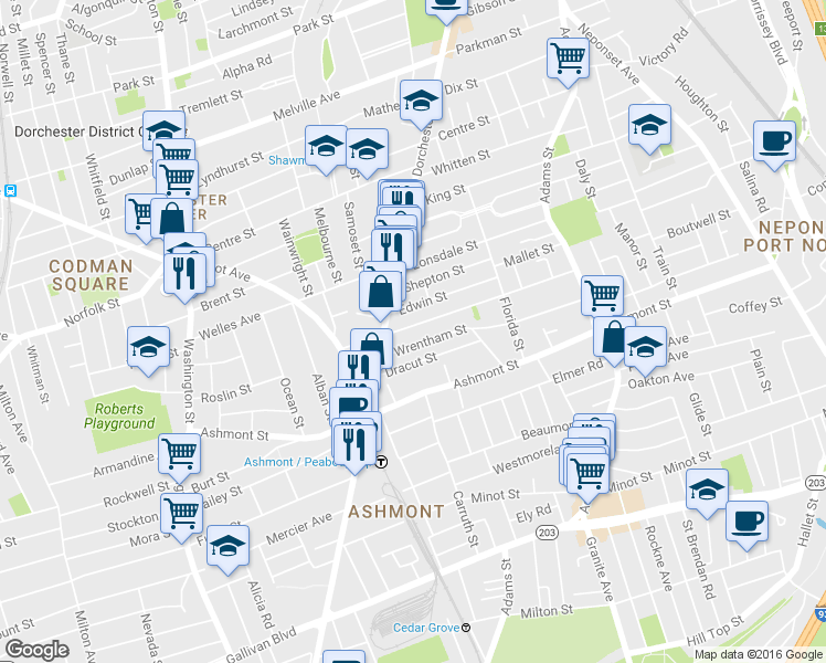 map of restaurants, bars, coffee shops, grocery stores, and more near 30 Wrentham Street in Boston