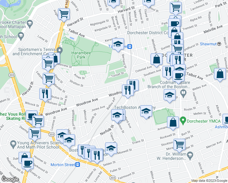 map of restaurants, bars, coffee shops, grocery stores, and more near 55-59 Woodrow Avenue in Boston