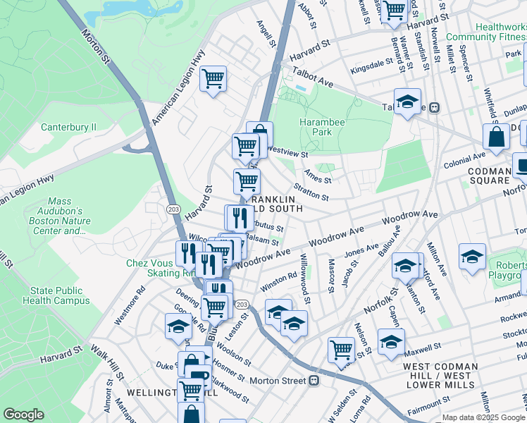map of restaurants, bars, coffee shops, grocery stores, and more near 10 Arbutus Street in Boston